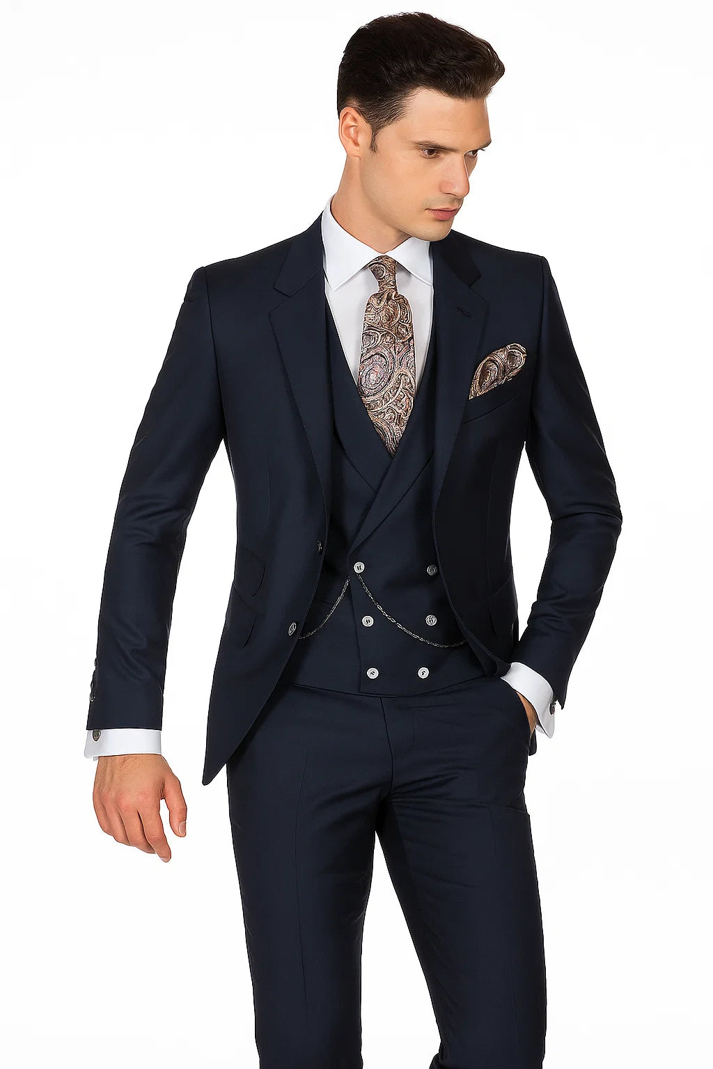 Mens Suits With Double Breasted Vest - Single Button Peak Lapel Navy Blue Suits