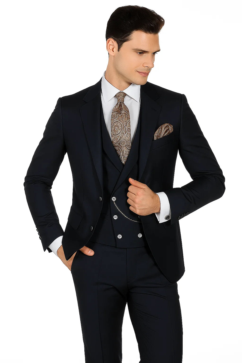 Mens Suits With Double Breasted Vest - Single Button Peak Lapel Navy Blue Suits