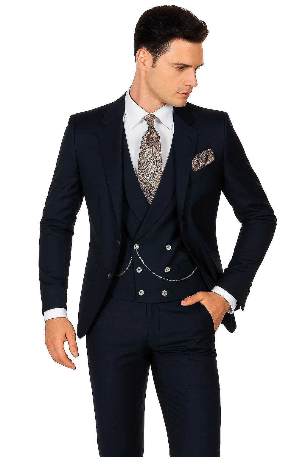 Mens Suits With Double Breasted Vest - Single Button Peak Lapel Navy Blue Suits