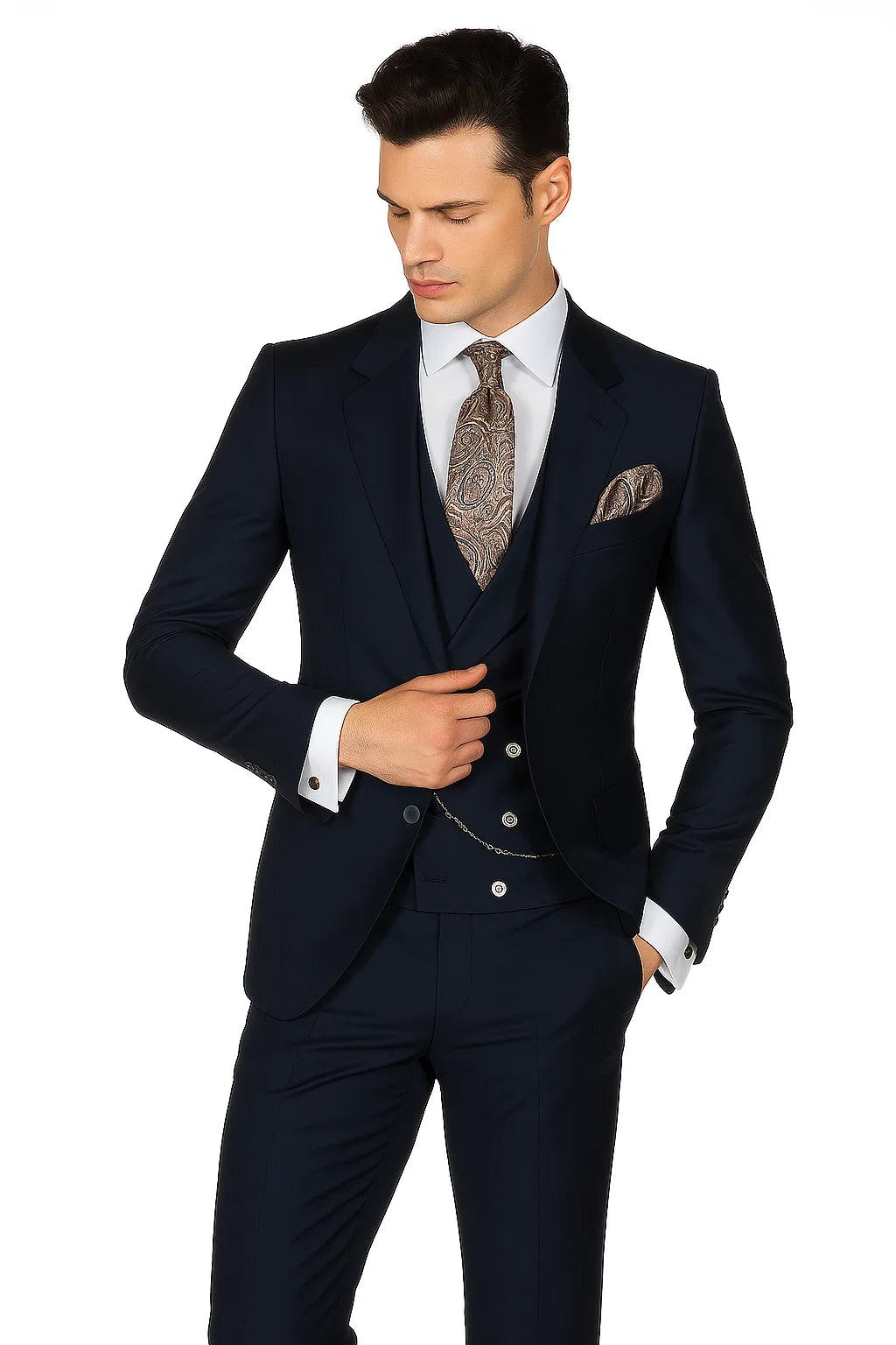 Mens Suits With Double Breasted Vest - Single Button Peak Lapel Navy Blue Suits