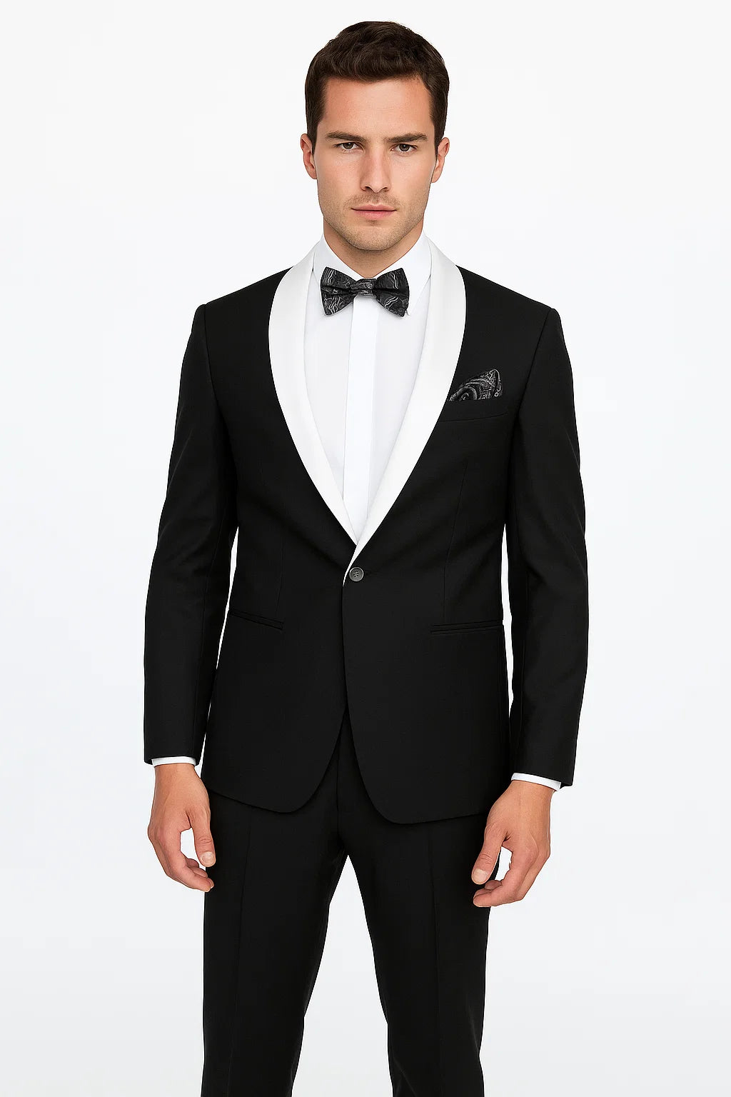 Single Button Black And White Shawl Lapel Suit Dinner Jacket & Black Pants Fashion Tuxedo For Men