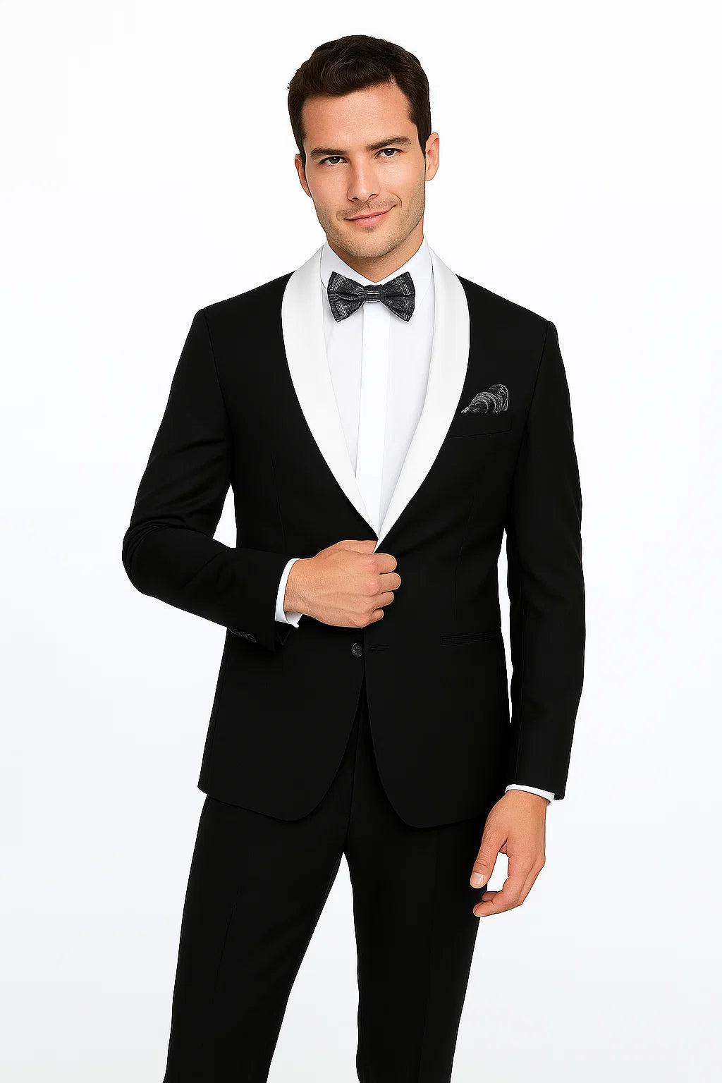 Single Button Black And White Shawl Lapel Suit Dinner Jacket & Black Pants Fashion Tuxedo For Men