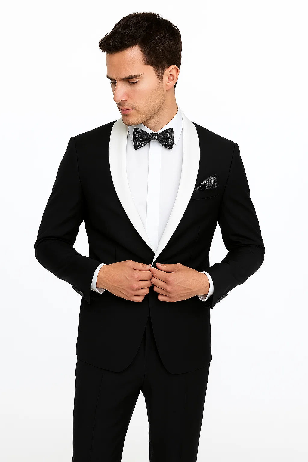 Single Button Black And White Shawl Lapel Suit Dinner Jacket & Black Pants Fashion Tuxedo For Men
