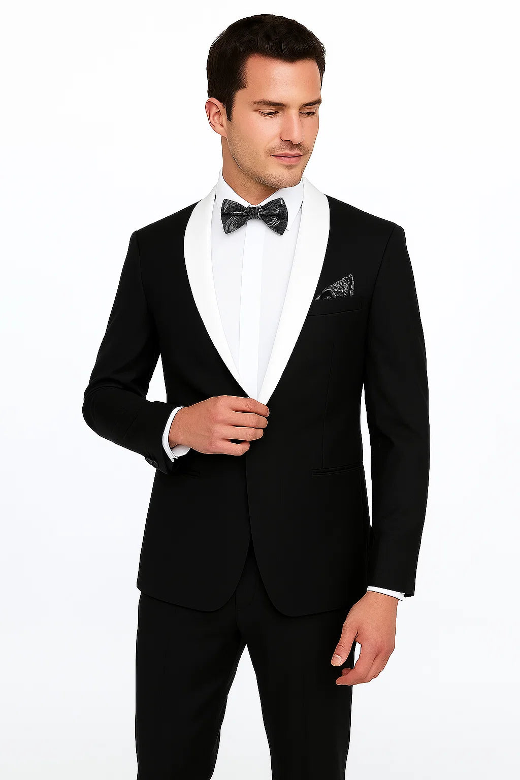 Single Button Black And White Shawl Lapel Suit Dinner Jacket & Black Pants Fashion Tuxedo For Men
