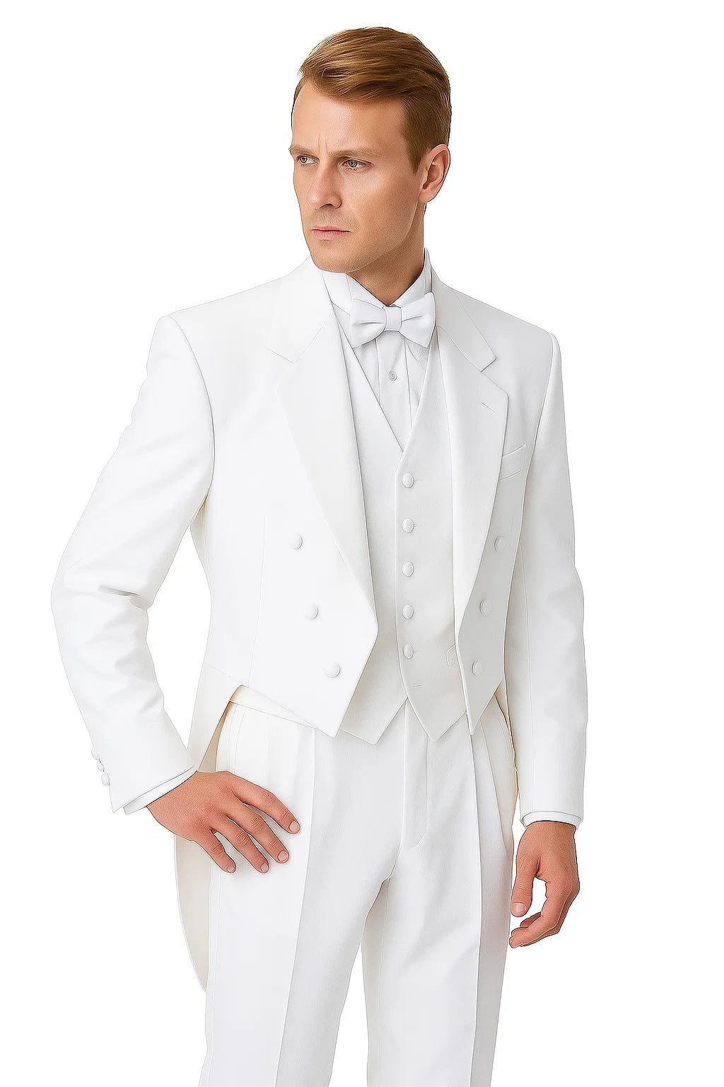 Notch Collar 6 Buttons Pleated Pants Six button Full Dress Formal Tuxedo Tailcoat in Solid Snow All White Suit For MenSatin facing