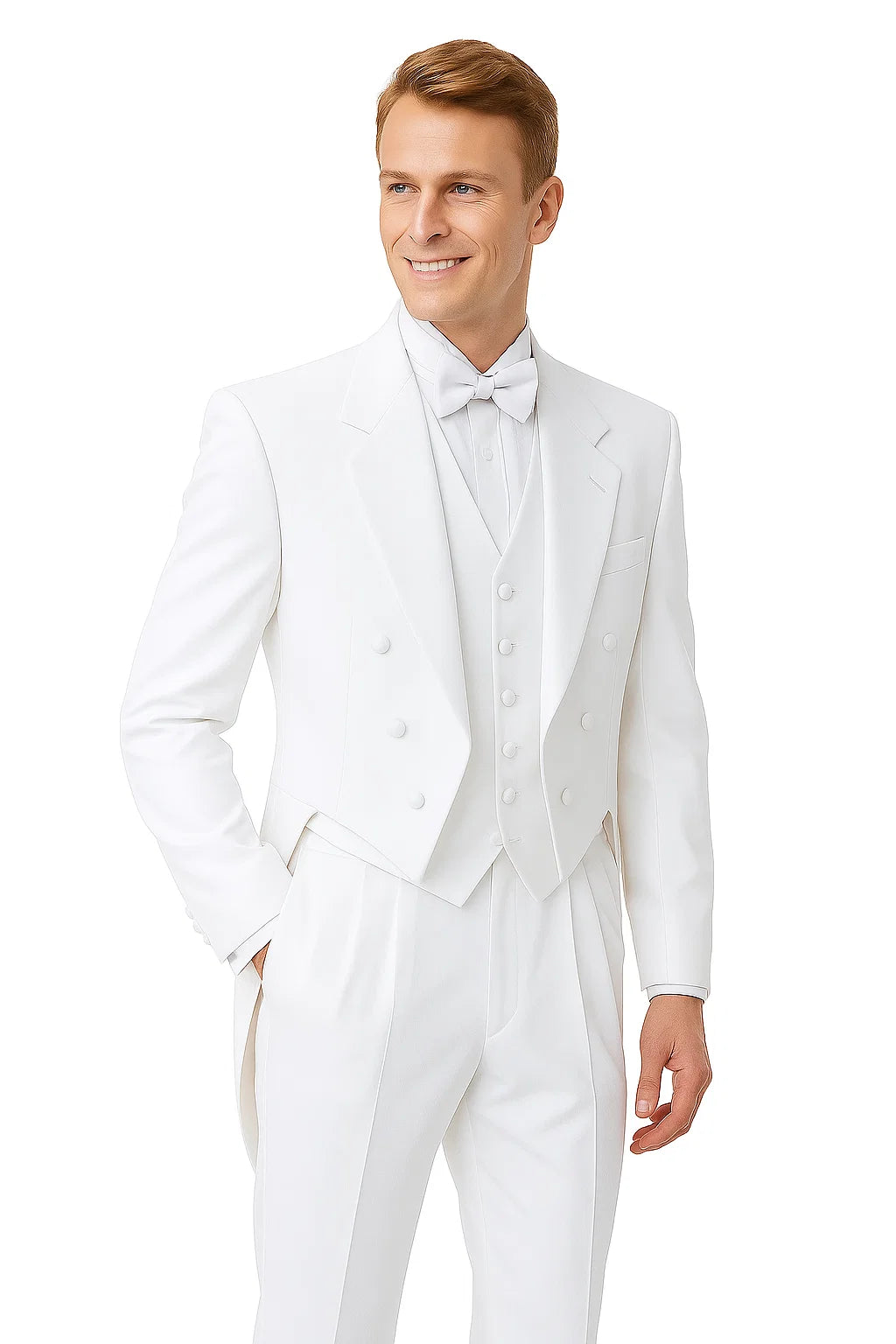 Notch Collar 6 Buttons Pleated Pants Six button Full Dress Formal Tuxedo Tailcoat in Solid Snow All White Suit For MenSatin facing