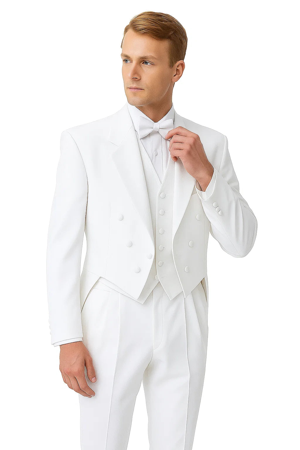 Notch Collar 6 Buttons Pleated Pants Six button Full Dress Formal Tuxedo Tailcoat in Solid Snow All White Suit For MenSatin facing
