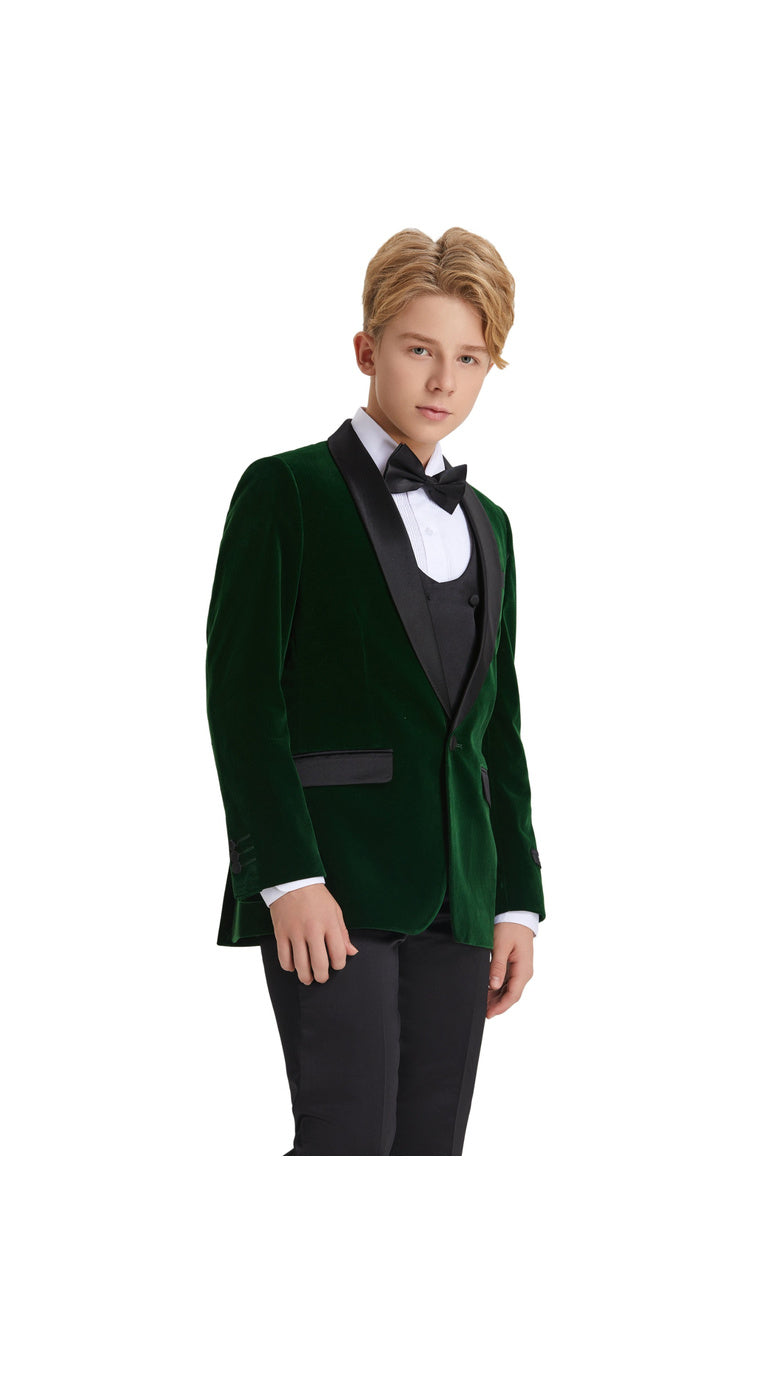 Boys' Slim Fit 5-Piece Velvet Suit Set – Satin Shawl Lapel – Holiday & Formal Events