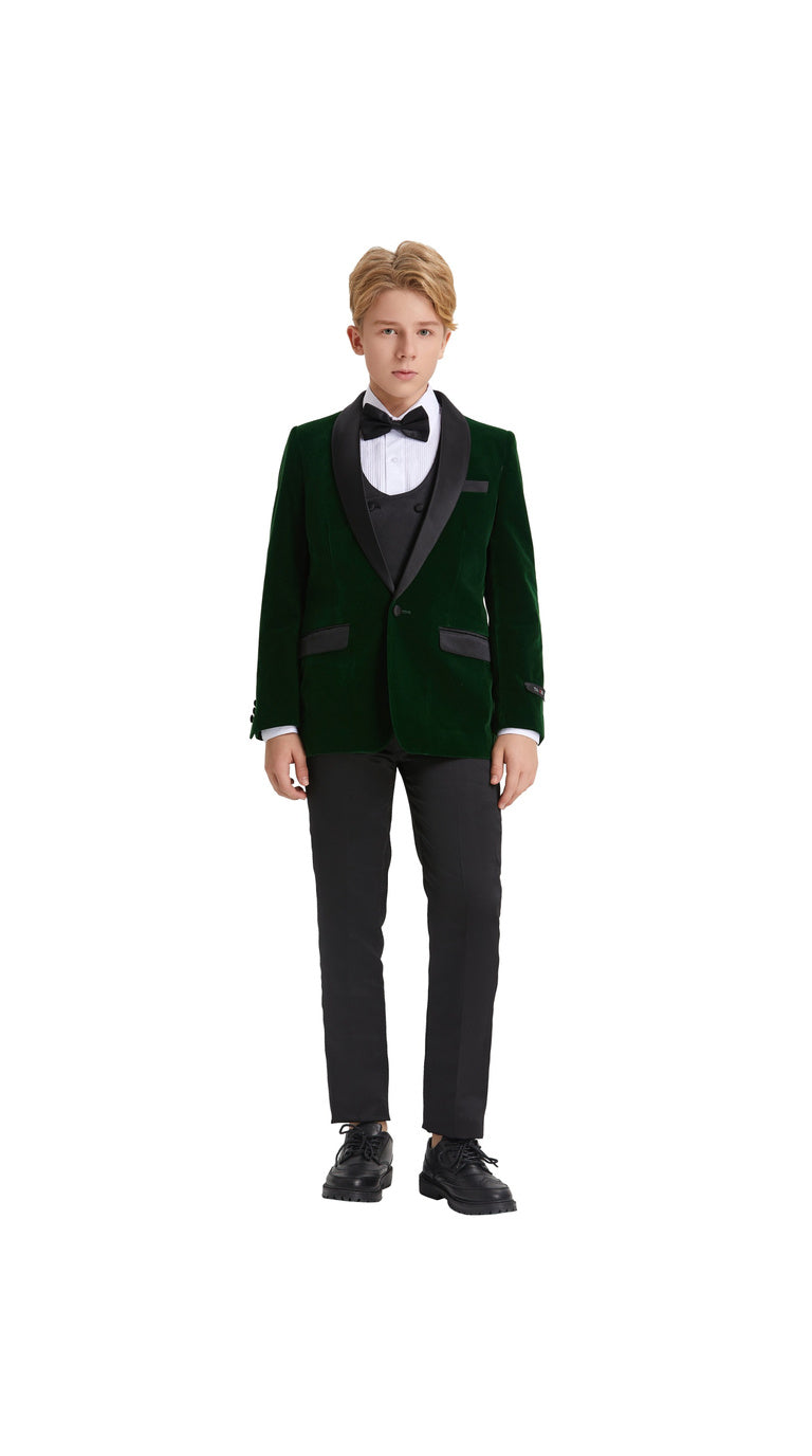 Boys' Slim Fit 5-Piece Velvet Suit Set – Satin Shawl Lapel – Holiday & Formal Events