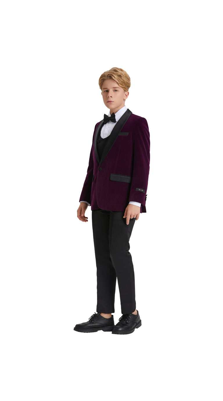 Boys' Slim Fit 5-Piece Velvet Suit Set – Satin Shawl Lapel – Holiday & Formal Events
