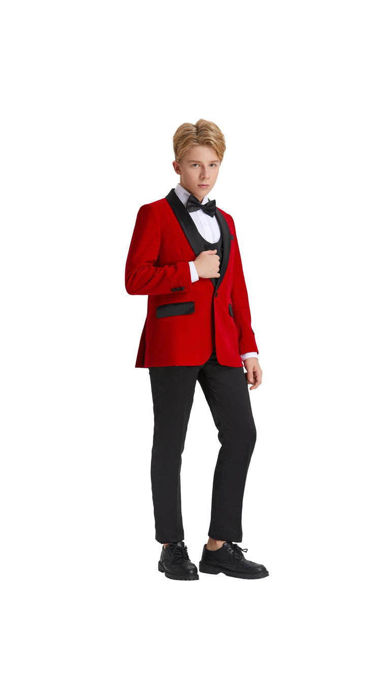 Boys' Slim Fit 5-Piece Velvet Suit Set – Satin Shawl Lapel – Holiday & Formal Events