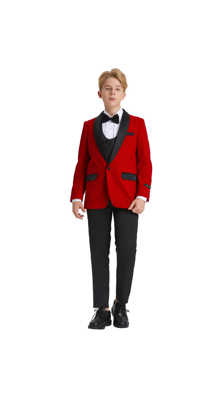 Boys' Slim Fit 5-Piece Velvet Suit Set – Satin Shawl Lapel – Holiday & Formal Events