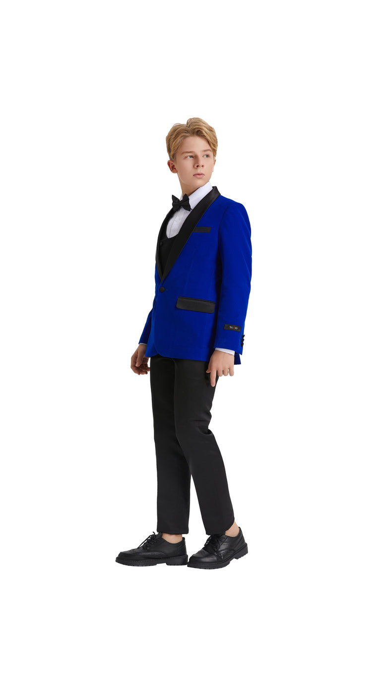 Boys' Slim Fit 5-Piece Velvet Suit Set – Satin Shawl Lapel – Holiday & Formal Events