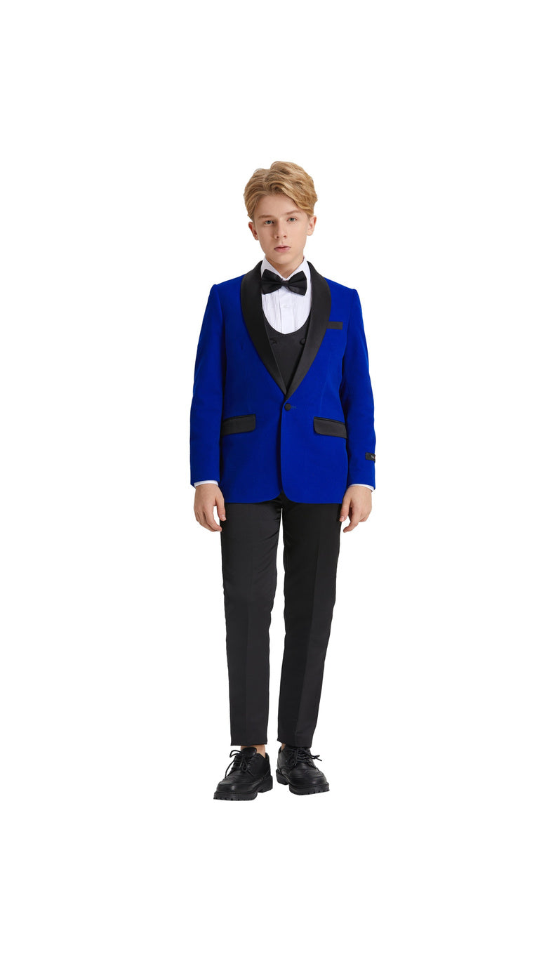 Boys' Slim Fit 5-Piece Velvet Suit Set – Satin Shawl Lapel – Holiday & Formal Events