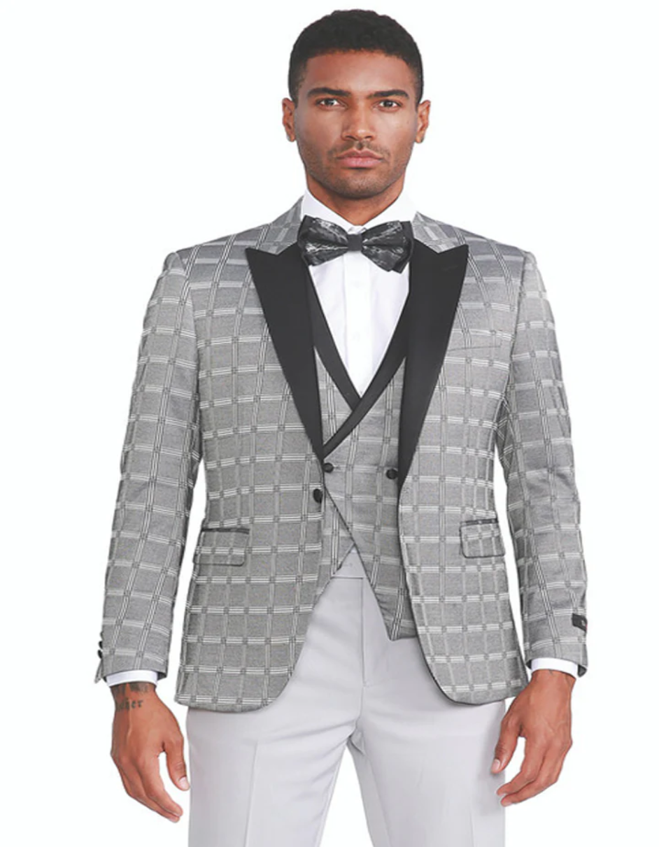 Slim Fit Gray Plaid Tuxedo with Double Breasted Vest