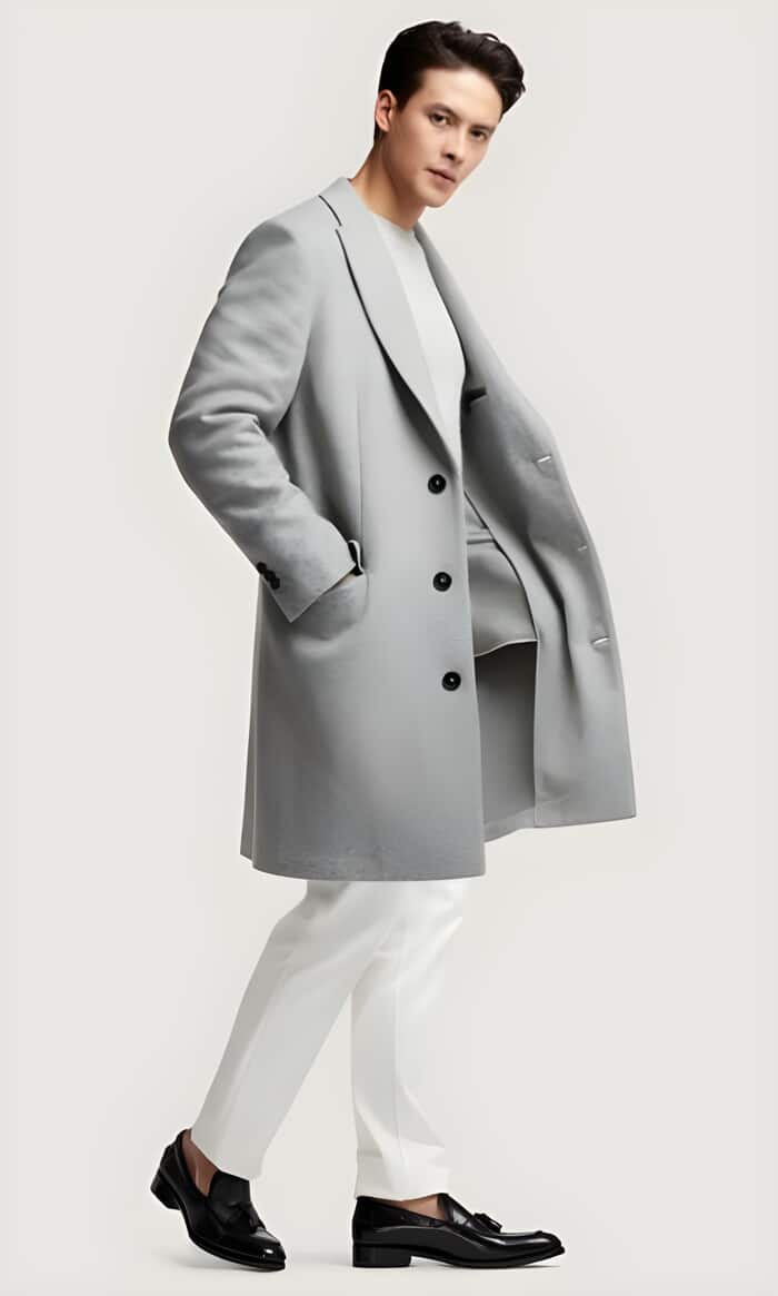 Light Grey & Wine Wool Three-Button Car Coat