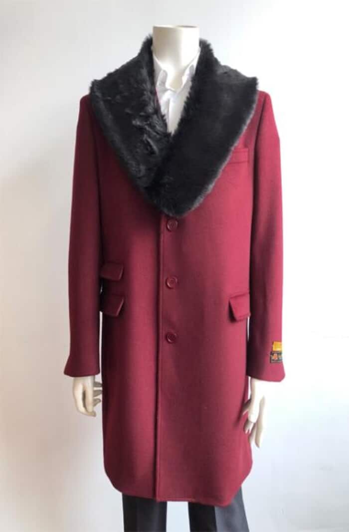 Burgundy Wool Peacoat with Fur Collar for Men