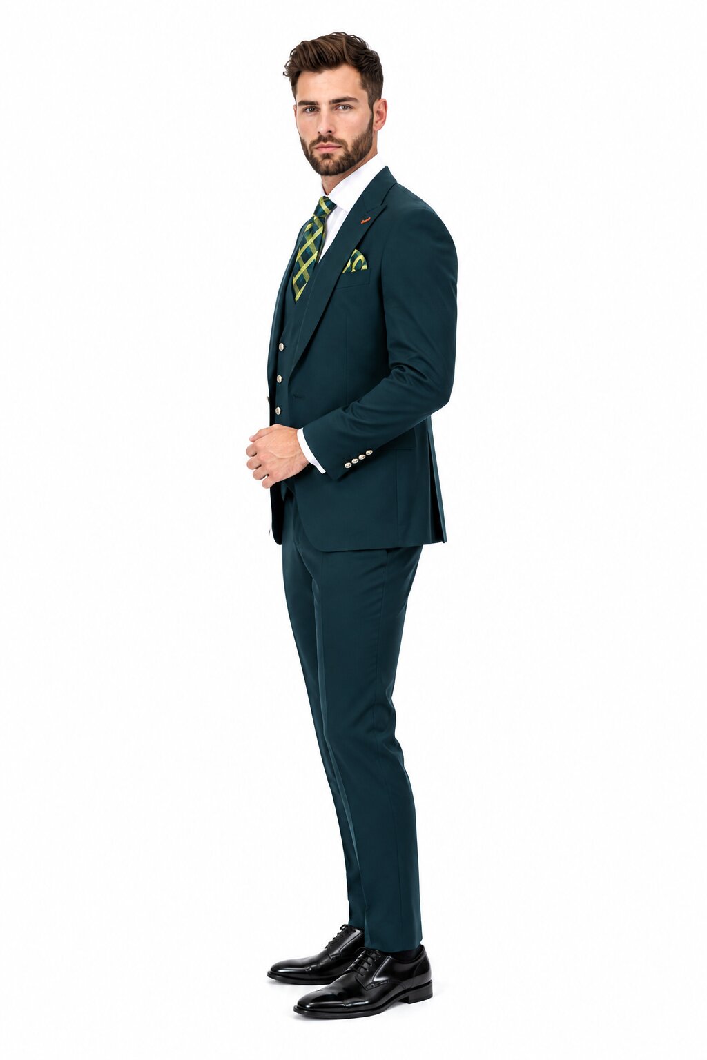 Men's Hunter Statement Ticket Pocket Peak Lapel Wool Double Breasted Vest Suit with Silver Buttons – Modern Fit