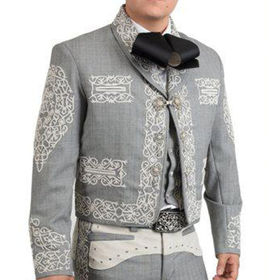 Menβs Gray Luxury Charro Suit with Metallic Embroidery