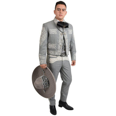 Menβs Gray Luxury Charro Suit with Metallic Embroidery