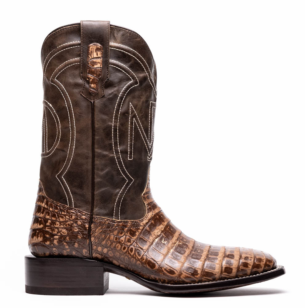 Marco Di Milano Tuscon Stone Brown Caiman Crocodile Square Toe Cowboy Boots