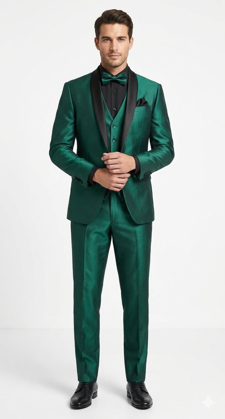 Mens Emerald Green Tuxedo with Black Satin Shawl Lapel – 3 Piece Formal Suit with Vest