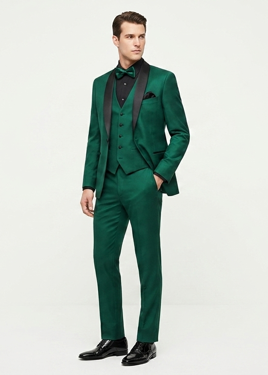 Mens Emerald Green Tuxedo with Black Satin Shawl Lapel – 3 Piece Formal Suit with Vest