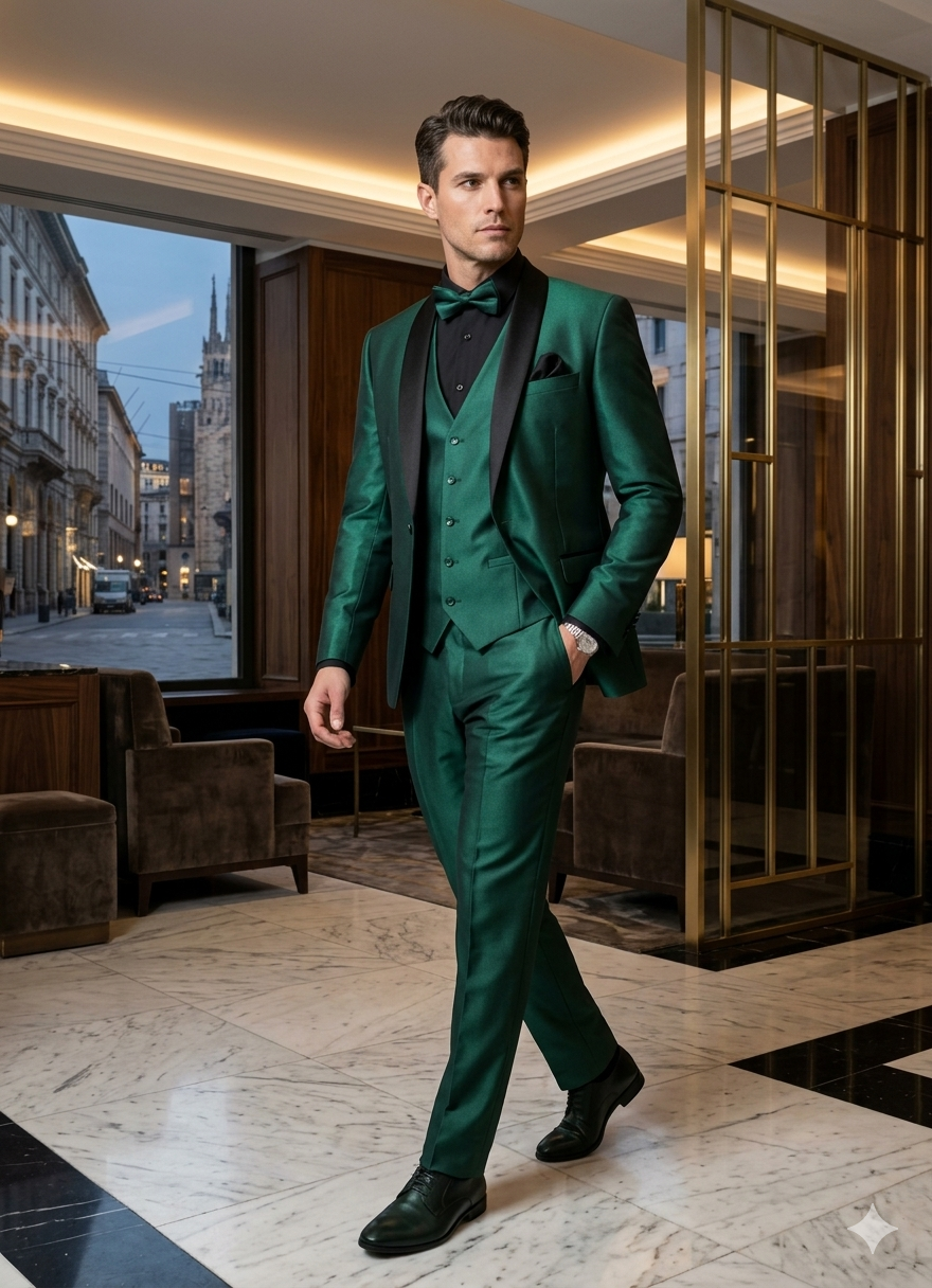 Mens Emerald Green Tuxedo with Black Satin Shawl Lapel – 3 Piece Formal Suit with Vest