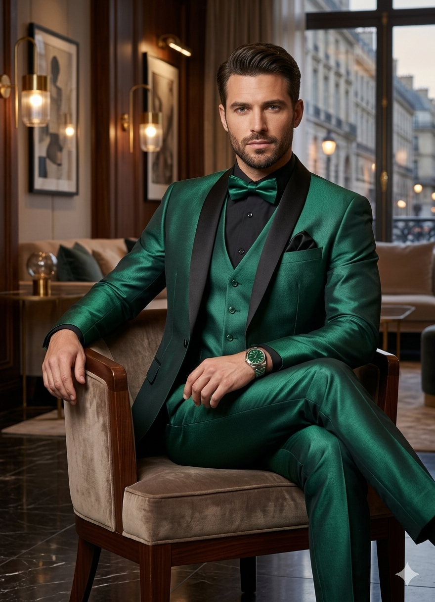 Mens Emerald Green Tuxedo with Black Satin Shawl Lapel – 3 Piece Formal Suit with Vest