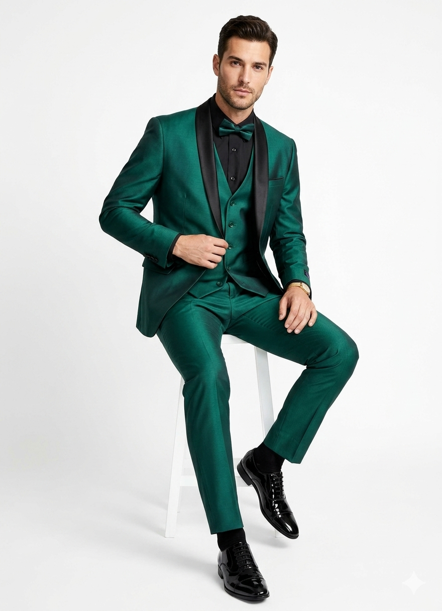 Mens Emerald Green Tuxedo with Black Satin Shawl Lapel – 3 Piece Formal Suit with Vest