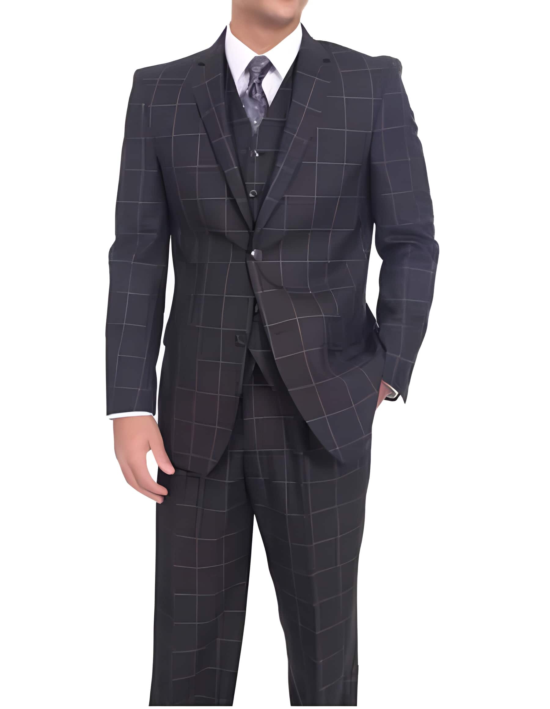 Two Button Classic Fit All Funeral Attire - Funeral Outfit - Funeral Clothes Suit/Blue Windowpane Three Piece Suit