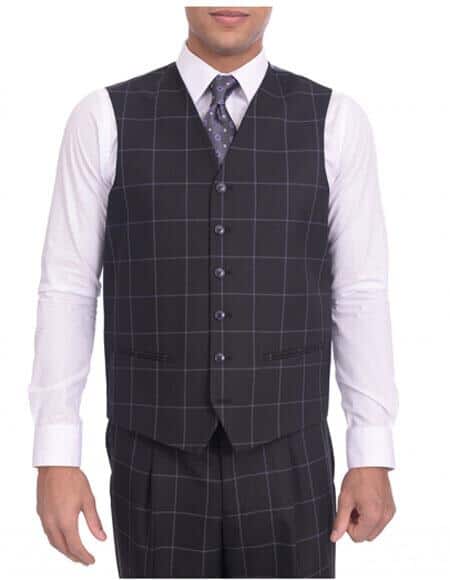 Two Button Classic Fit All Funeral Attire - Funeral Outfit - Funeral Clothes Suit/Blue Windowpane Three Piece Suit