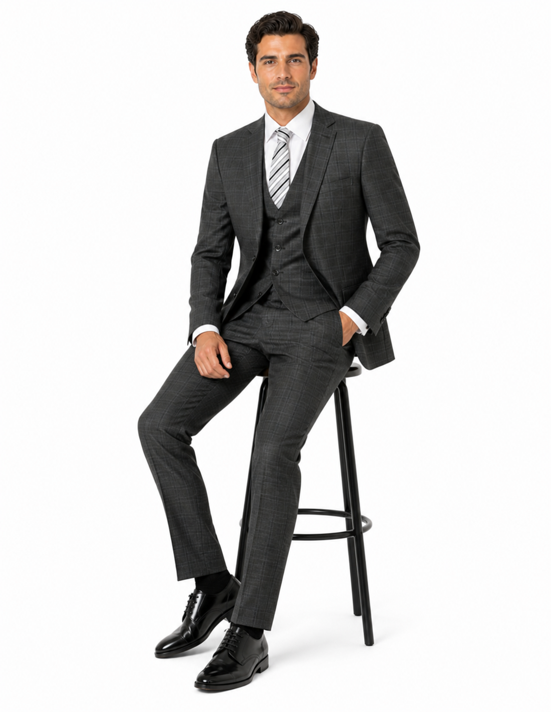 Two Button Poly/Rayon 3 Piece Regular Fit Plaid ~ Window Pane Olive Vested Suit