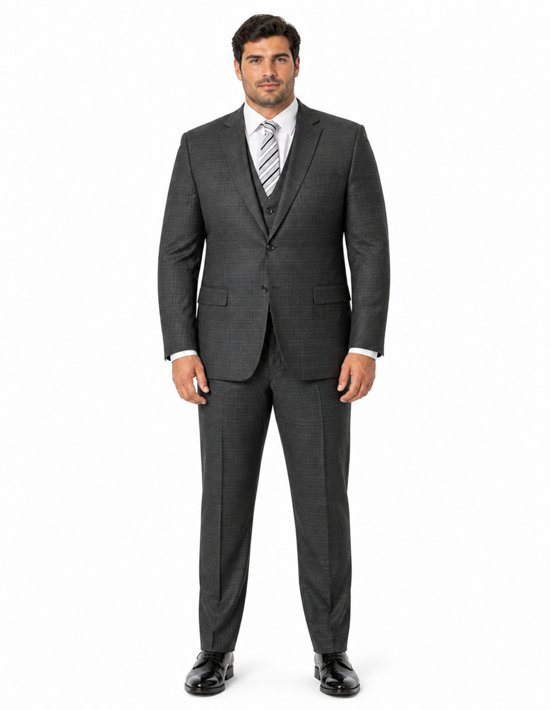 Two Button Poly/Rayon 3 Piece Regular Fit Plaid ~ Window Pane Olive Vested Suit