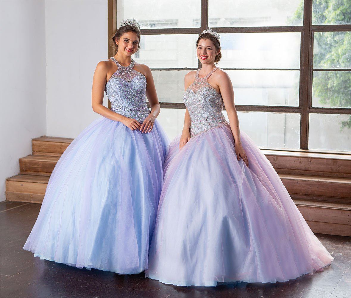 Two-Tone Beaded Halter Quinceañera Dress by Calla KY79398