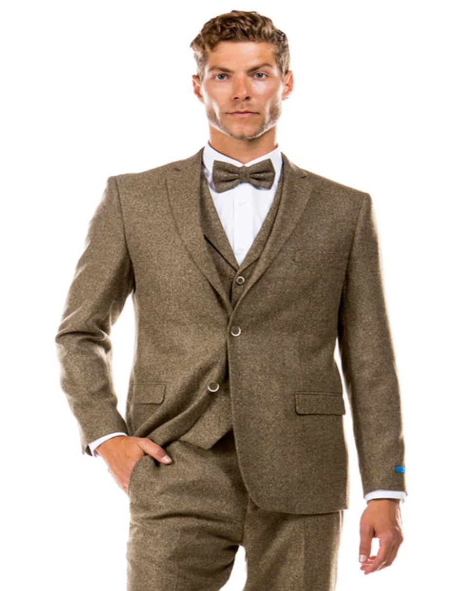 Tan Two Button Tweed Vested Suit for Men