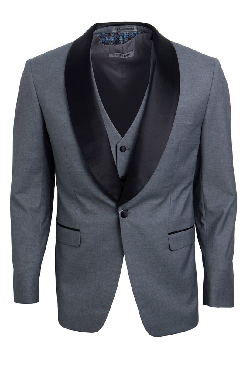 Grey Slim Fit Tuxedo with Large Black Shawl Lapel – 3 Piece Wedding & Prom Set
