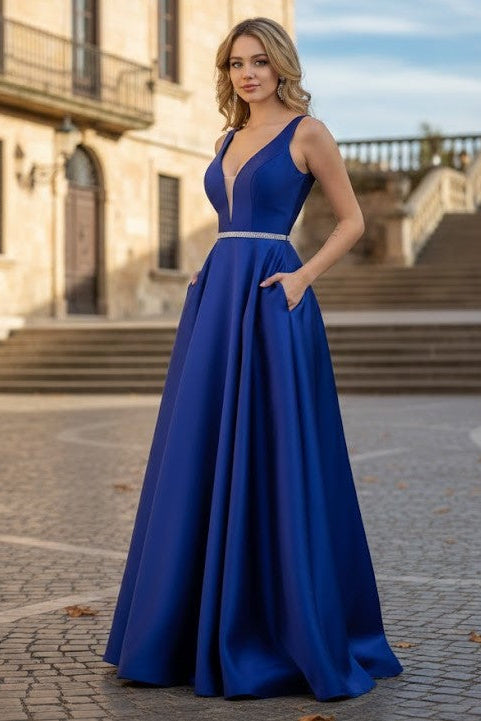 A Line Plunging V Neck Evening Gown Side Pockets Sleeveless Prom Dress
