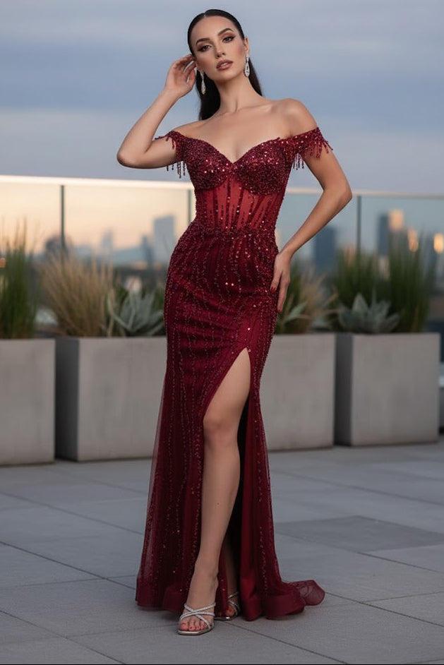 Long Sequins Prom Dress Off-Shoulder Evening Gown & Plus Size By MQ2132-New Collection