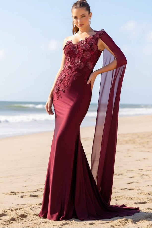 Amelia Couture 388 One Shoulder Cape Long Floral Formal Evening Dress
