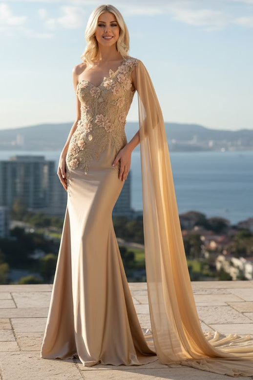 Amelia Couture 388 One Shoulder Cape Long Floral Formal Evening Dress