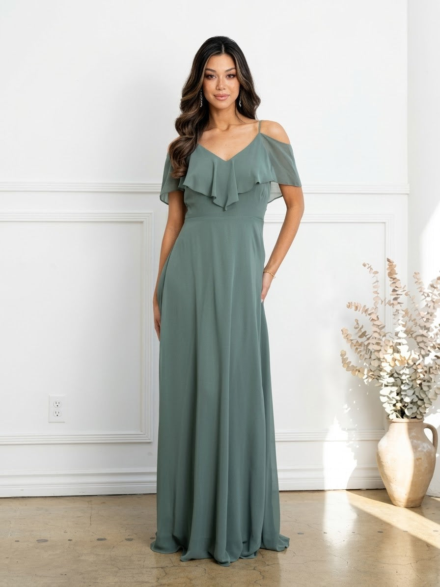 Cold Shoulder Chiffon Maxi Dress with Ruffle Overlay by Eva USA 3263