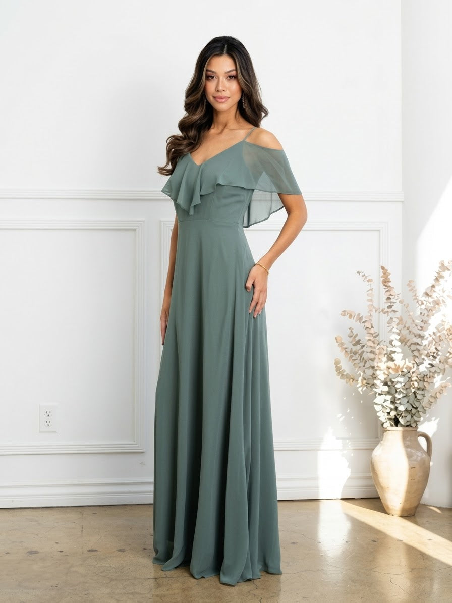 Cold Shoulder Chiffon Maxi Dress with Ruffle Overlay by Eva USA 3263