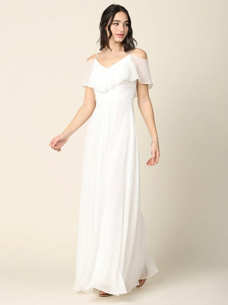 Cold Shoulder Chiffon Maxi Dress with Ruffle Overlay by Eva USA 3263