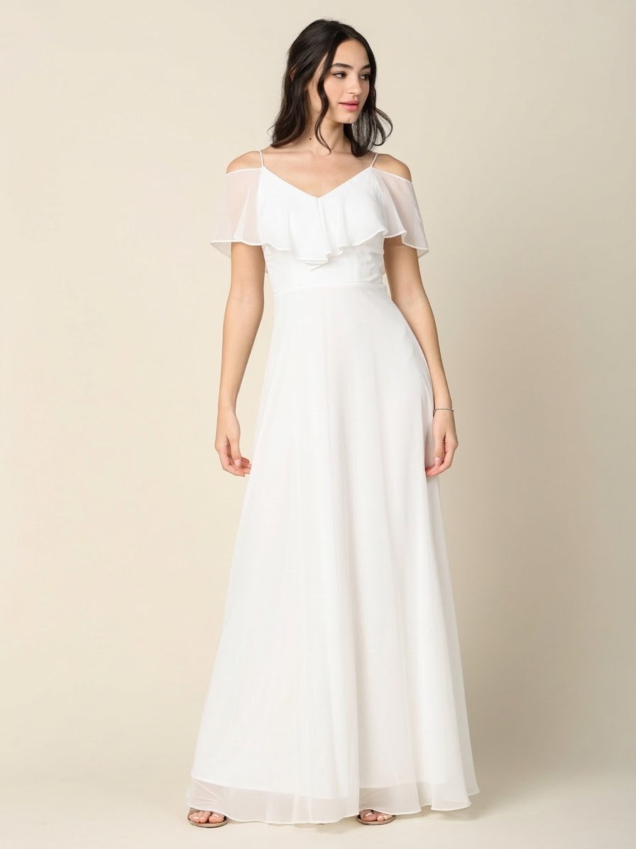 Cold Shoulder Chiffon Maxi Dress with Ruffle Overlay by Eva USA 3263