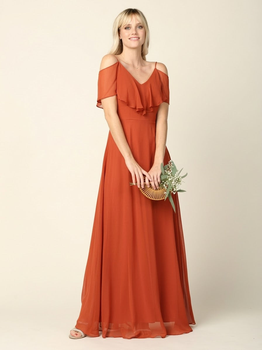 Cold Shoulder Chiffon Maxi Dress with Ruffle Overlay by Eva USA 3263
