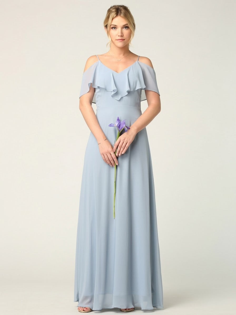 Cold Shoulder Chiffon Maxi Dress with Ruffle Overlay by Eva USA 3263