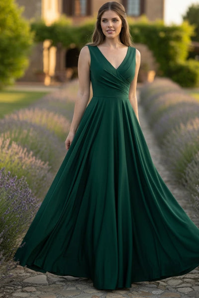 V-neck Long Bridesmaids Simple Flowy Gown by Lenovia 5242C