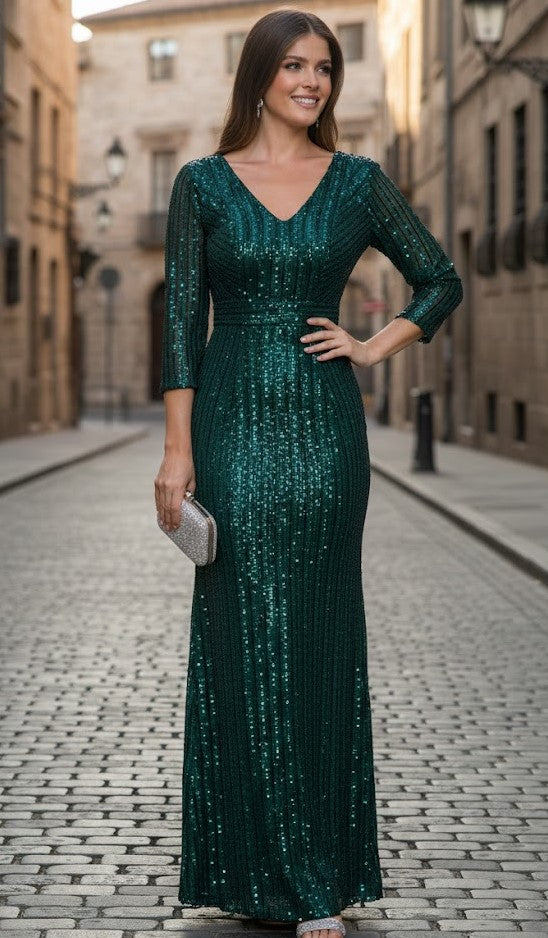 Mother Of The Bride Sequin V-Neck 3/4 Sleeve Formal Floor-Length Dress By Lenovia 5247