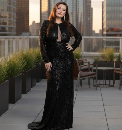 Long Sleeve Stretchy Red Carpet Sequin Formal Dress